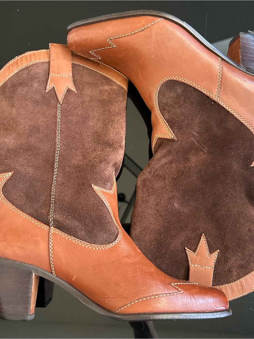 Two-Tone Brown Leather & Suede Western Heeled Boots